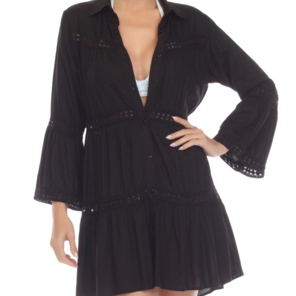 Raviya Lace Inset Button Front Black Cover Up dress black - XS - Picture 1 of 12